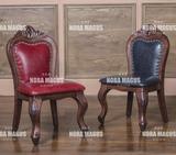 新款美式复古 北欧风格 皮椅 真皮实木雕花餐椅 高档会所酒店工程
