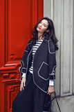 Audrey Wang2016春款重工黑色包白边复合镂空短外套麻织廓形风衣