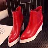 2016新款真皮短靴内增高尖头红色大东同款平底坡跟白色黑色女鞋潮