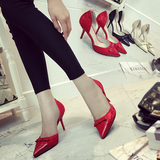 韩国代购性感蕾丝高跟鞋婚鞋尖头蝴蝶结红黑白色细跟中跟女鞋单鞋