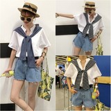 2016夏季韩版新款披肩假两件衬衣宽松白衬衫休闲短袖上衣女装k872