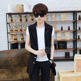 夏季青少年韩版中长款无袖风衣马甲男修身纯色薄外套理发师上衣潮