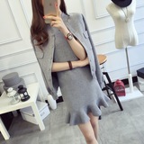 2016新款秋装韩版修身长袖针织开衫女毛衣外套鱼尾连衣裙两件套装