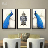 美式客厅挂画沙发背景墙画装饰画现代简约蓝孔雀美式有框三联壁画