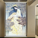 大型个性中式壁纸玄关芭蕉美女弹琴墙纸壁画背景过道装饰画