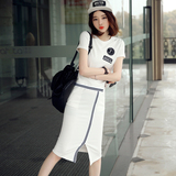 2016夏季韩版时尚短袖连衣裙女包臀开叉裙休闲运动套装裙子两件套