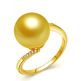 正品海水 11-12mm正圆亮泽天然南洋金珠珍珠戒指 18k黄金
