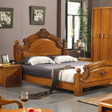 欧式床实木床双人床1.8米榆木床婚床高箱储物床深色雕花卧室家具