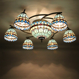 蒂凡尼蓝色欧式简约创意客厅卧室会所地中海风格铁艺6+1旋转吸灯