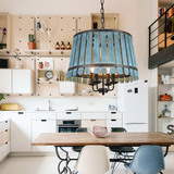 美式创意日式木质复古蓝色客厅餐厅灯北欧木头地中海木艺木桶吊灯