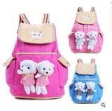 韩版少女背包可爱2个小熊双肩包帆布包儿童小学生书包女童旅游包