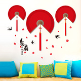 中国风客厅沙发背景墙装饰贴画餐厅文艺墙贴纸墙纸自粘红画扇挂饰