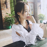 2016秋装新款韩版甜美学院风宽松显瘦荷叶领系带长袖白衬衫衬衣女