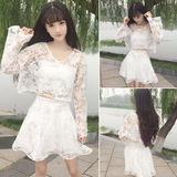 夏季新款韩版甜美可爱宽松白色短款长袖T恤+高腰半身裙伞裙套装女