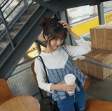 韩国 复古蓝格子显瘦吊带衫 荷叶边短款裹胸式小背心女外搭罩衫