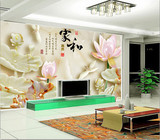 中式玉雕牡丹家和3D4D立体墙纸电视背景墙纸客厅卧室无缝壁画壁布