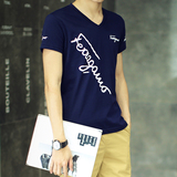 2016夏装新款V领短袖T恤男士字母印花学生韩版潮牌加肥加大码半袖
