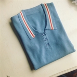 2016夏季韩国半袖复古修身翻领蓝色冰丝纯色针织短袖polo衫女T恤