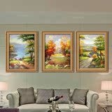 风景油画装饰画山水风水喷绘欧式三联幅客厅沙发背景墙美式挂画