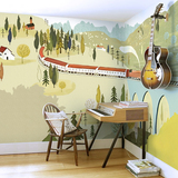 卡通田园手绘风格小火车壁纸 儿童房卧室大型壁画 绿色无纺布墙纸