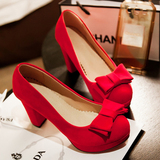 红鞋红色高跟鞋粗跟圆头婚鞋女单鞋蝴蝶结防水台中式婚礼鞋新娘鞋