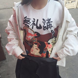 森女部落2016夏装新款森女系日系卡通印花图案宽松套头短袖T恤女