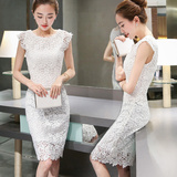 2016夏季新款韩版无袖包臀白色蕾丝连衣裙中长款修身小香风一步裙