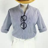 韩国订单韩版条纹衬衫女海军风做旧百搭休闲五分袖女夏装宽松显瘦