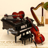 刻字木质八音盒木质钢琴音乐盒竖琴小提琴大提琴模型摆件生日礼物