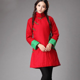 民族风棉衣女装 中式棉袄女中长款 中国风红色绣花茶艺服冬装棉服