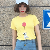 夏季新款韩国ulzzang原宿BF风童趣卡通狗狗戏球印花修身短袖T恤女