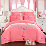 婚庆四件套 结婚礼床上用品4六件套件粉色新婚房床品刺绣花1.8m床