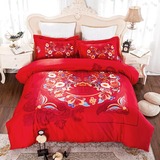 婚庆四件套高档全纯棉磨毛大红中式床单被套加大床上用品厂价直销