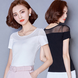 2016夏装新款韩版修身显瘦大码网纱蕾丝花边短袖女打底衫上衣T恤