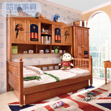 美式全实木儿童衣柜床组合床多功能高低床双人 储物床 带护栏男孩