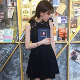 2016夏季新款韩国甜美修身圆领无袖蕾丝连衣裙女显瘦小黑裙A字裙