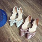 甜美裸粉色镂空尖头鞋时尚蝴蝶结百搭中低跟女鞋坡跟公主鞋小单鞋