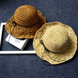 夏季手工钩针女草帽大沿帽折叠沙滩帽海边渡假蝴蝶结遮阳帽太阳帽
