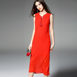 外贸2016夏季欧美新款优雅真丝红色修身时尚气质连衣裙沙滩长裙女