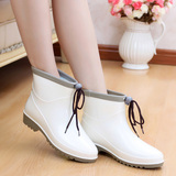 韩版时尚女士雨鞋春秋季短筒系带水鞋白色防滑休闲雨靴套鞋短胶鞋