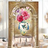 艾尚 3D立体风景向日葵花瓶罗马柱欧式壁画玄关艺术玻璃 屏风隔断