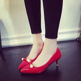 新款韩版OL单鞋中低跟工作鞋漆皮尖头高跟鞋细跟红色婚鞋性感女鞋
