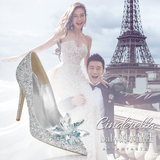 baby同款水晶鞋秋冬季女婚鞋中跟细跟银色尖头高跟新娘鞋婚纱鞋