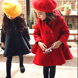 新款韩版冬款女童中长款双排扣裙摆毛呢子大衣公主风外套长袖外套