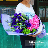 Tiffany紫色洋桔梗苏醒玫瑰绣球花束|福州花店送花纪念日鲜花速递