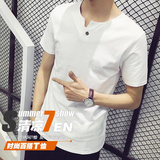 春夏季男士纯棉短袖T恤青年简约纯色打底衫T恤衫V领韩版修身上衣