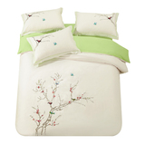 简约中式纯色红蓝色清田园米色浅绿色床四件套全棉床单被套泗绿色