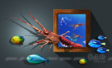 深圳艺文轩手绘3D龙虾海鲜立体画壁画墙绘墙体绘画彩绘油画装饰画