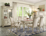 定制实木雕花餐桌椅欧式美式餐桌椅组合复古仿古白做旧餐桌椅组合