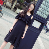 iFashion 2016夏季新款黑色性感露肩吊带连衣裙 女中长款收腰显瘦
